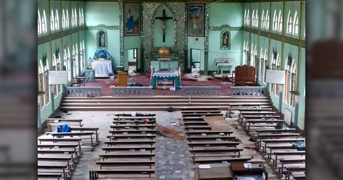 The interior of a partially damaged church. The interior of a partially damaged church.