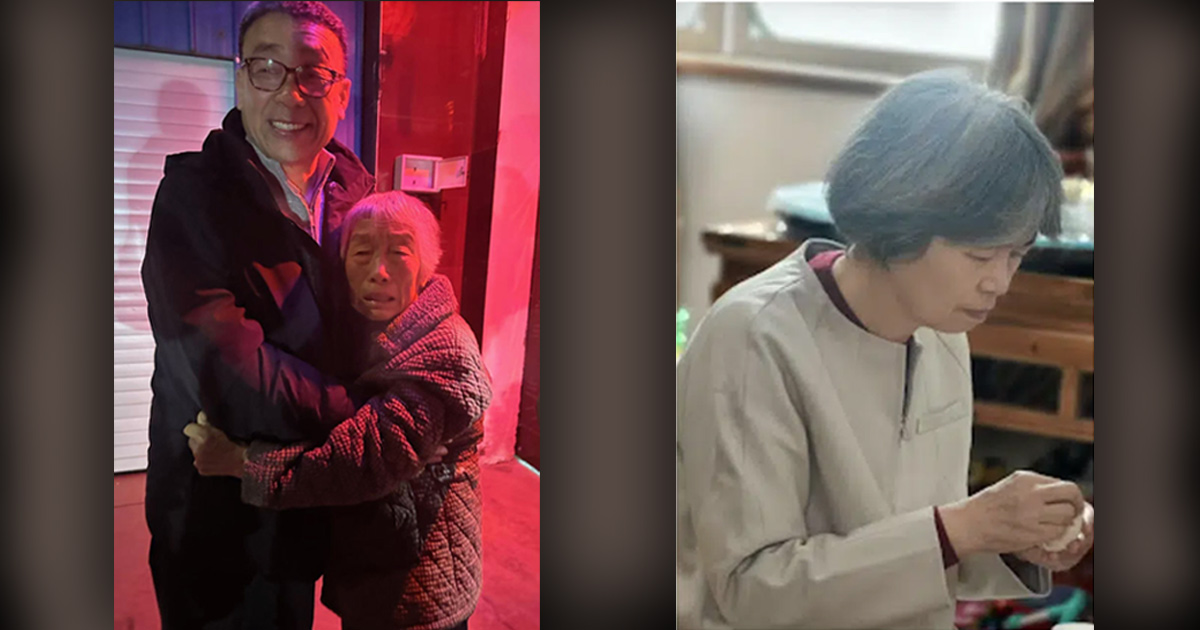 There are two images. In the first, Pastor Zhang Shaojie embraces his mother. The second image, Pastor Xing Wenxiang is bent over, working on a project in her hands.