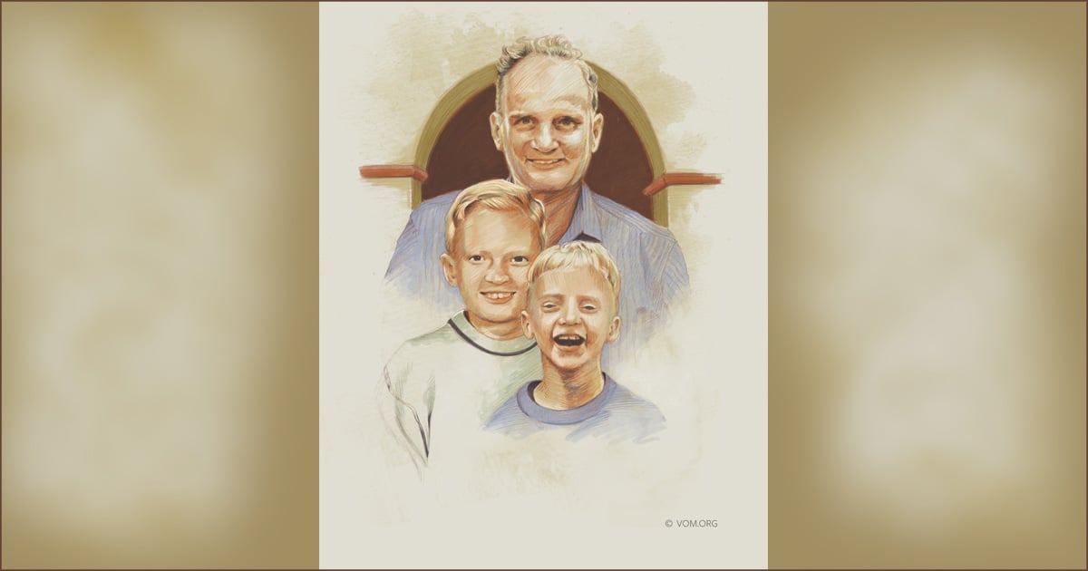 An illustration of Graham Staines and his boys. All three are smiling.