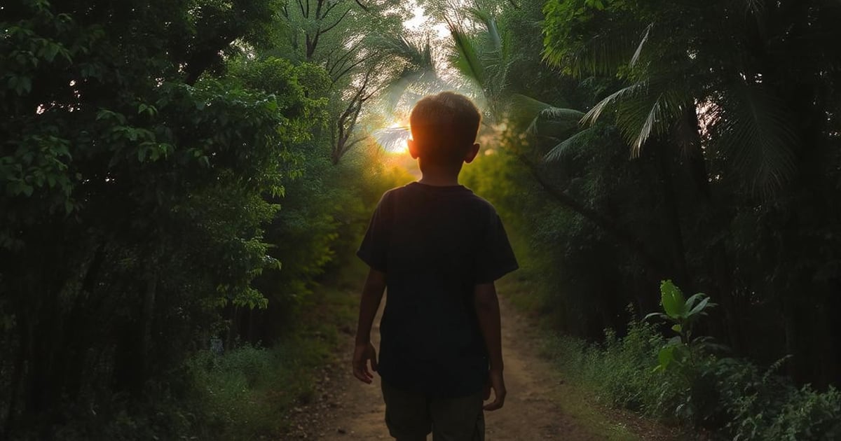 A young boy is walking down a path surrounded by dense greenery. He is mostly silhouetted by the sunset shining between the trees.