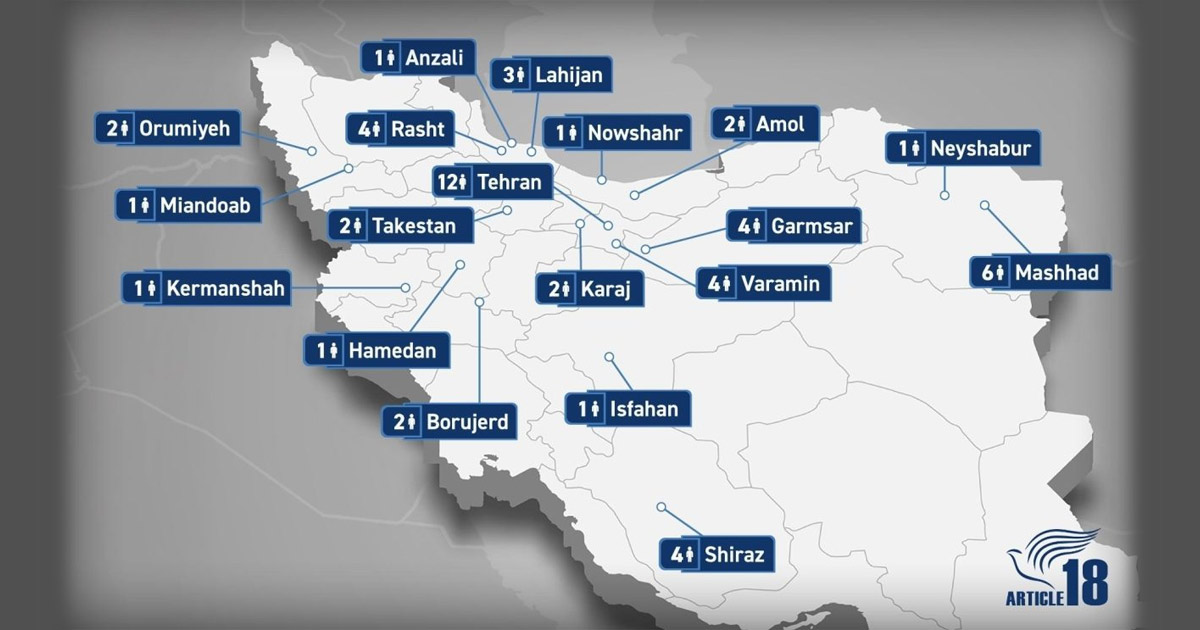 A map of Iran has several labels, all showing where Christians were arrested since June 24, 2025.
