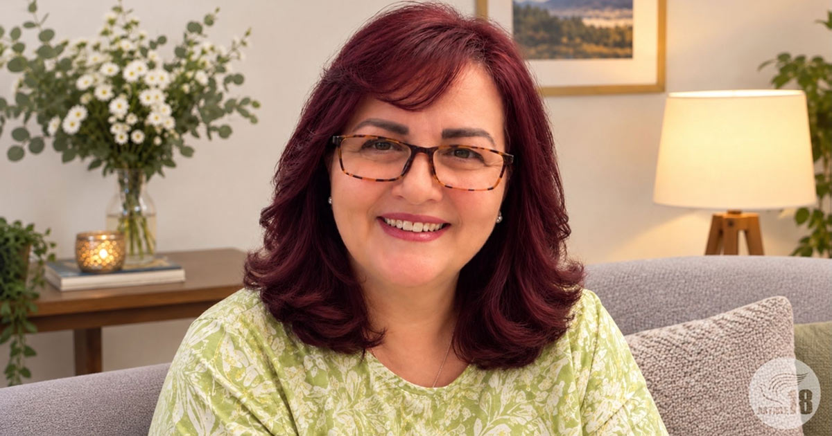 Photograph shows Lida Alexani wearing a light green floral blouse in a warmly lit living room. Background includes flowers in a vase, framed landscape, lamp, sofa, and a faint Article18 watermark.