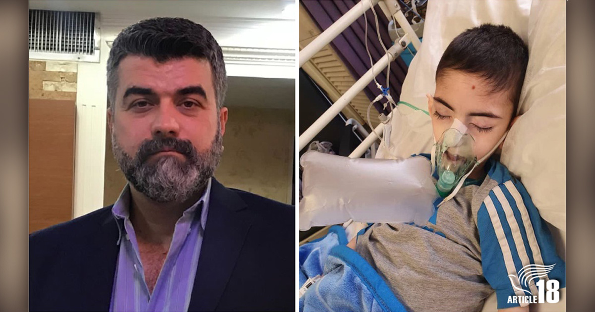 Two images; Yasser on the left, and his son, Amir-Ali, in a bed with an oxygen mask. Two images; Yasser on the left, and his son, Amir-Ali, in a bed with an oxygen mask.