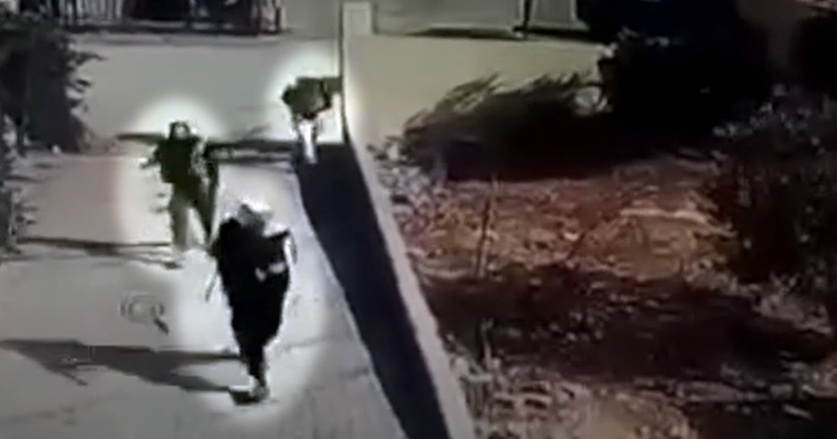 Security camera screenshot shows a sidewalk beside a road, with parked cars, trees, and landscaped ground. Low-resolution footage captures people moving along a sloped walkway or driveway.