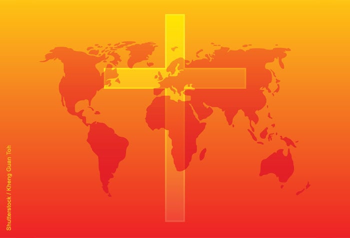 A map of the world with a cross overlay