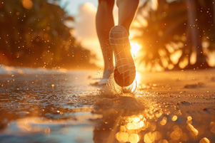 The sun is on the horizon, emphasizing a person's feet as they splashing through a puddle. The sun is on the horizon, emphasizing a person's feet as they splashing through a puddle.